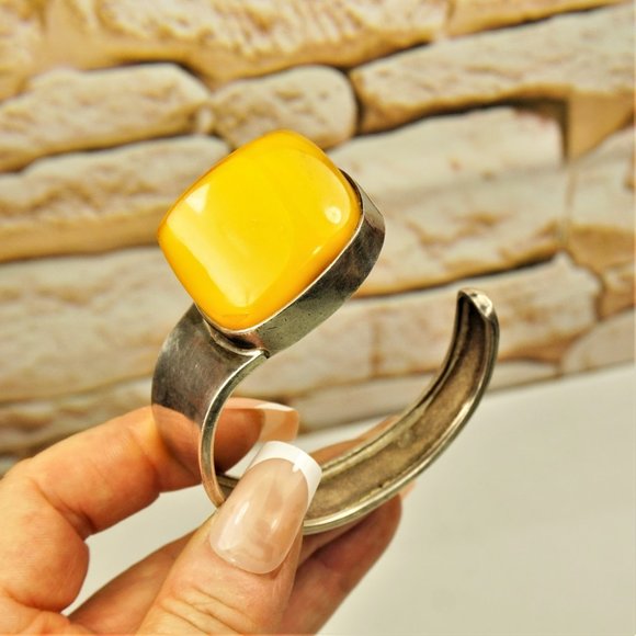 BOLD AMBER 925 SILVER ASYMMETRICAL BRACELET, Egg Yolk Amber Stone, Rare to Find - Picture 8 of 10